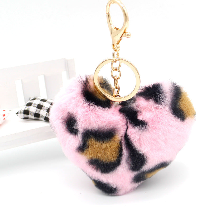 wholesale Imitation Rex Rabbit Fur Leopard Heart Keychain
